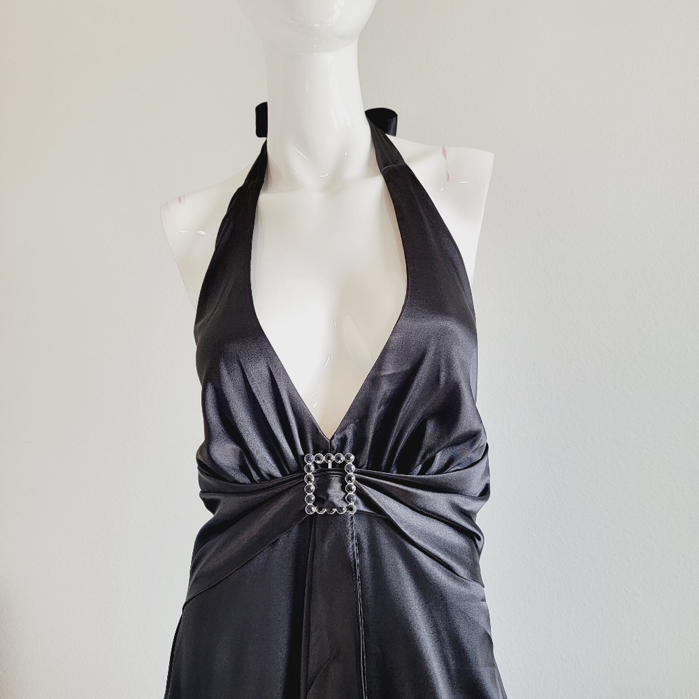 Black Satin Backless Halter Deep V-Neck Formal Prom Wedding Gown Dress Sz S